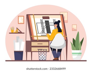 Architect woman with blueprint concept. Young girl planning home or house, building. Template and mock up. Architectural desk for sketching with ruler. Cartoon flat vector illustration