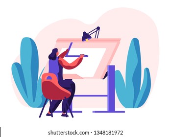 Architect Woman Working On Construction Project. Engineer Person Drawing Draft. Worker Engineering Sketch On Architectural Board In Office. Professional Drafting Job. Flat Cartoon Vector Illustration