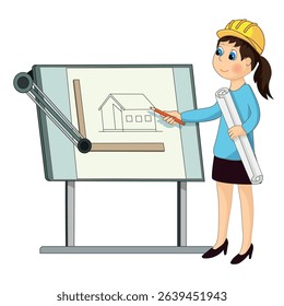 An architect, a woman in a yellow helmet, stands in front of a drawing