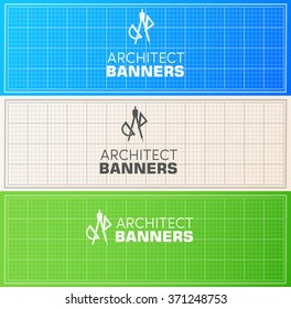 Architect wood table project with professional equipment background concept. Vector illustration banners design 
