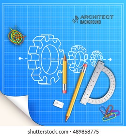 Architect wood table project with professional equipment background. Vector illustration design