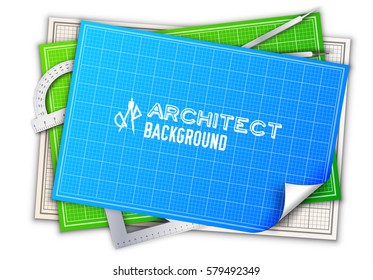 Architect wood table project with professional equipment background. Vector illustration design