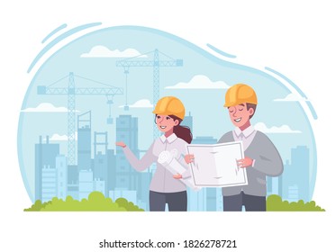 Architect at work composition with cartoon man woman characters in helmets visiting buildings construction site vector illustration 