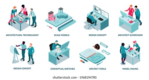 Architect work concept 8 isometric compositions with project sketches design 3d modeling software construction supervision vector illustration