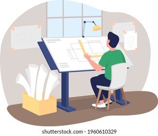 Architect at work desk 2D vector web banner, poster. Man drawing draft, blueprint. Professional interior designer flat character on cartoon background. Workshop printable patch, colorful web element