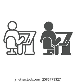 Architect at work line and solid icon, architect studio concept. Vector graphics. Man sitting on chair at drawing desk sign on white background, outline style icon for mobile or web design