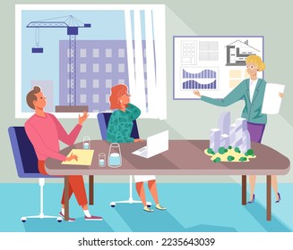 Architect work with project, vector illustration, flat people engineer character team discuss building design in office, construction plan.