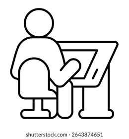 Arquiteto no trabalho ícone de linha fina, arquiteto conceito de estúdio. Gráficos vetoriais. Homem sentado na cadeira no sinal da mesa de desenho sobre fundo branco, móvel estilo ou design