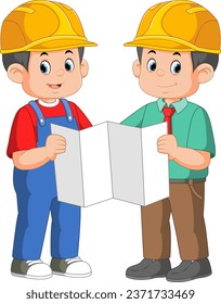 An architect and a worker construction discussing design concepts for a new building of illustration