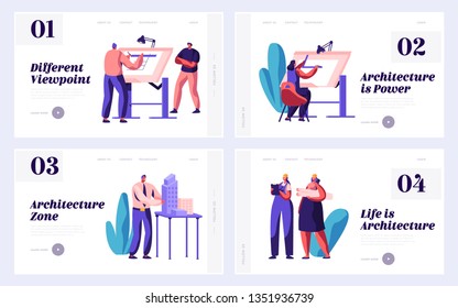 Architect Worker Engineering Construction Plan Set Landing Page. Engineer Group Work Building Project on Board. Man and Woman Drawing Architecture Website or Web Page. Flat Cartoon Vector Illustration