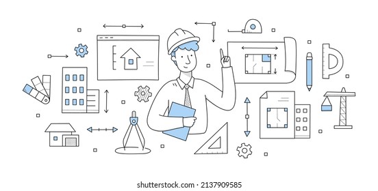 Architect worker holding blueprint, engineering and architecture job occupation doodle concept. Professional engineer wear helmet with work tools compass, pencil, crane, Line art vector illustration