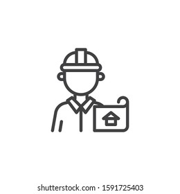 Architect worker proffection line icon. linear style sign for mobile concept and web design. Construction engineer with house blueprint outline vector icon. Symbol, logo illustration. Vector graphics