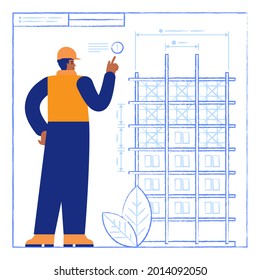 Architect working with construction drawing of future multi-storey building. Engineer designs house on blueprint and making measurements. Real estate business. Vector illustration scene with character