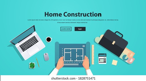 architect working on blueprint construction of buildings concept workplace desk top angle view horizontal copy space vector illustration