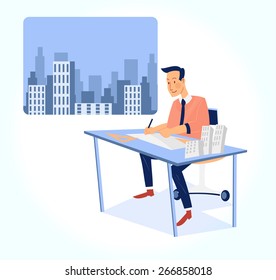 architect working on blueprint with office building background vector illustration
