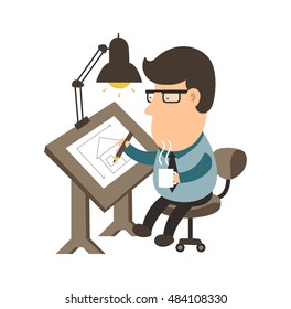 Architect working on desk measuring. House project. draftsman flat illustration modern icon character design. Isolated on white background