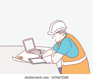 Architect working on drawing table in office. Hand drawn style vector design illustrations.