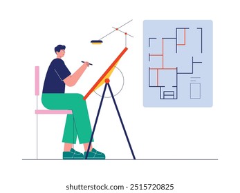 Arquiteto que trabalha no esboço da fundação para a divisão da sala da casa a ser construída, estilo semitrancelho, ilustração vetorial.