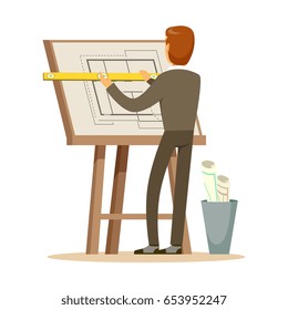 Architect working on his project on a drawing board, colorful character vector Illustration