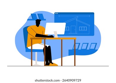 An architect working on house design using a laptop and technical blueprint