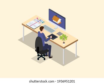 Architect working on a new house design 3d isometric vector concept