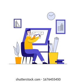 Architect working on plan at drawing board. Sitting man measuring length with ruler flat vector illustration. Architecture, planning, drafting concept for banner, website design or landing web page