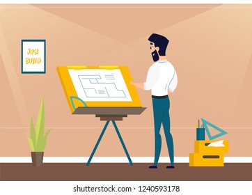 Architect is working on the project the premises. Vector illustration of working cartoon characters in coworking studio. The concept of construction, architecture, design, workplace