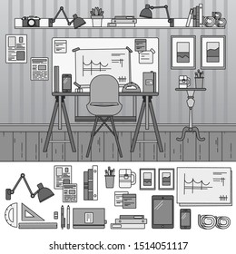 Architect working place. Architect equipment in the room. Art and constructing concept. Gadgets, pencils, triangles isolated on white. Line design