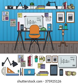 Architect working place. Architect equipment in the room. Art and constructing concept. Gadgets, pencils, triangles isolated on white background. Thin line flat design