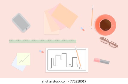 Architect workplace. Designer snack. Vector illustration.