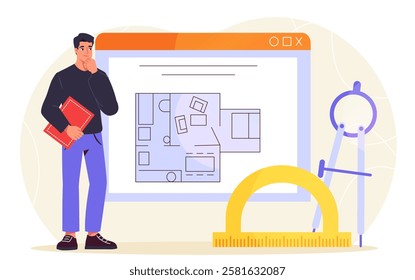 Architect at workplace. Man with blueprint. Architecture and Engineering, construction. Young guy planning building layout. Room design. Worker and builder. Flat vector illustration