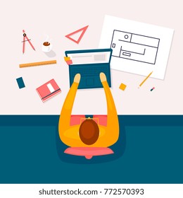 Architect works at the computer, workplace, top view. Flat design vector illustration.