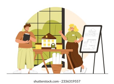 Architect works in workshop concept. Man and woman near house mockup and blueprint. Team of engineers design real estate, buildings, urban architecture. Cartoon flat vector illustration