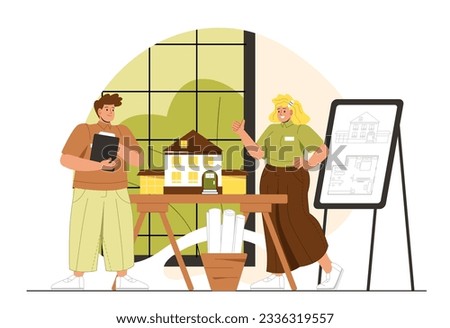 Architect works in workshop concept. Man and woman near house mockup and blueprint. Team of engineers design real estate, buildings, urban architecture. Cartoon flat vector illustration