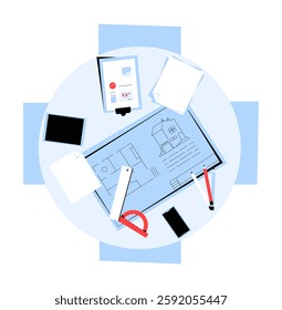Architect Workspace In Flat Vector Illustration Symbolizing Design, Construction Planning, Engineering, And Drafting, Isolated On White Background