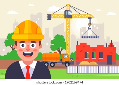 arquitecto con casco amarillo al fondo de una obra de construcción. construcción de un edificio de varias plantas. ilustración vectorial plana.