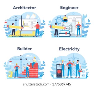 Architecting and building profession set. Construction and engineering workers. Collection of occupation, male and female worker in the uniform. Isolated vector illustration in cartoon style