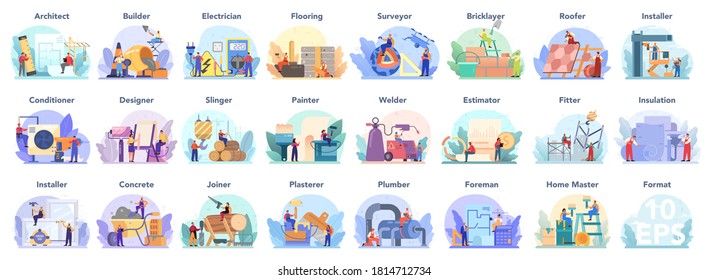 Architecting and building profession set. Construction and engineering workers. Collection of occupation, male and female worker in the uniform. Isolated vector illustration in cartoon style