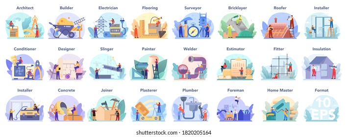 Architecting and building profession set. Construction and engineering workers. Collection of occupation, male and female worker in the uniform. Isolated vector illustration in cartoon style