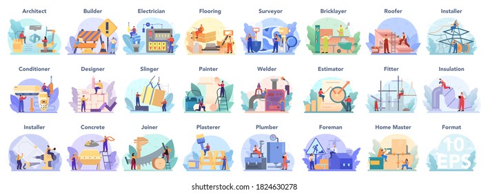 Architecting and building profession set. Construction and engineering workers. Collection of occupation, male and female worker in the uniform. Isolated vector illustration in cartoon style