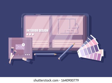 Architector desk with colors formula guide, keyboard, sketch and coffee with heart shape. Glasses and pencil. Overhead. Vector illustration