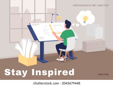Architector at work poster flat vector template. Interior designer project. Brochure, booklet one page concept design with cartoon characters. Stay inspired flyer, leaflet with copy space