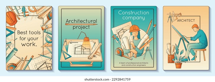 Architects architectural projects construction company vertical posters set in flat style isolated vector illustration