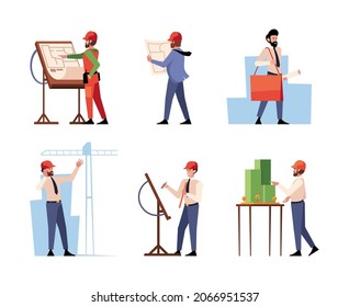 Architects and builders. Construction outdoor processes professional workers engineers and industry architectors holding plans garish vector flat people