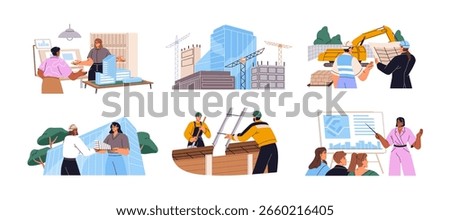 Architects and builders set. Engineers do architecture drafts, presenting drawings and showing projects. People work on construction sites with machinery. Flat isolated vector illustrations on white