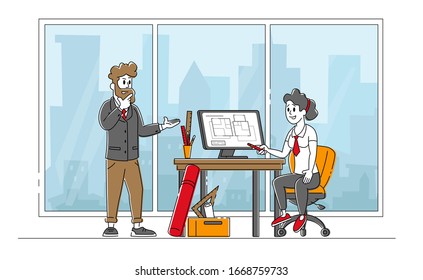 Architects Characters Working in Office on Building Plan. Designers Man and Woman Create House Project in Design Studio Workshop or Engineer Room, Artist Workspace. Linear Vector People Illustration