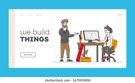Architects Characters Working in Office on Building Plan Landing Page Template. Designers Create House Project in Design Studio or Engineer Room, Artist Workspace. Linear People Vector Illustration
