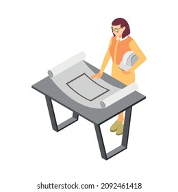 Architects and construction engineers isometric composition with female architect and paper project on table vector illustration