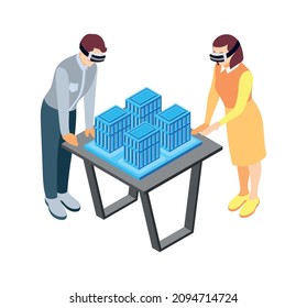 Architects and construction engineers isometric composition with human characters in vr glasses with holographic buildings vector illustration