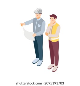 Isoometrische Zusammensetzung von Architekten und Bauingenieuren mit männlichen Charakteren von Bauherren mit Vektorgrafik-Plan